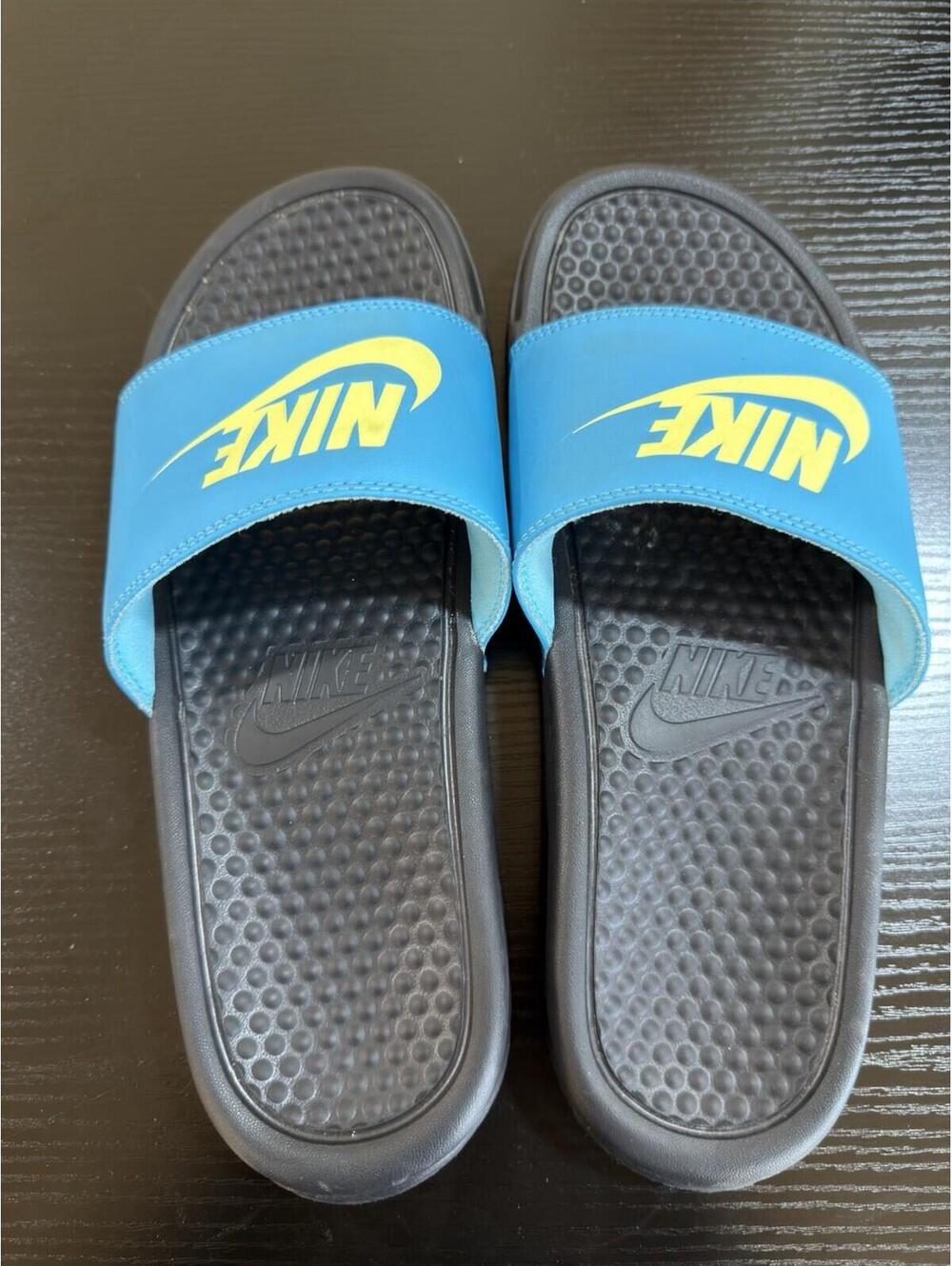 Size US 9 Nike Women's Benassi Slide Sandals Black Limelight Blue Fury slides